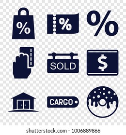 set of 9 editable filled icons such as donut, percent, sold tag, home, creadit card payment, dollar card