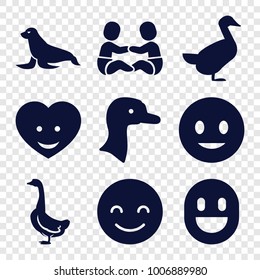 set of 9 editable filled icons such as goose, smiling emot, heart face, seal