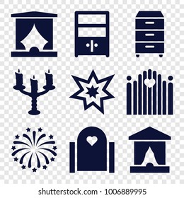 set of 9 editable filled icons such as stage, gate, nightstand, cupboard, fireworks