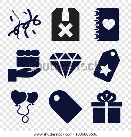  set of 9 editable filled icons such as diamond, tag, gift, notebook with heart, heart balloons, confetti