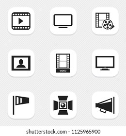 Set of 9 editable filming icons. Includes symbols such as record, computer screen, display and more. Can be used for web, mobile, UI and infographic design.