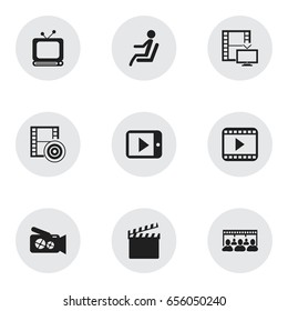 Set Of 9 Editable Filming Icons. Includes Symbols Such As Television, Broadcast, Portable Camera And More. Can Be Used For Web, Mobile, UI And Infographic Design.