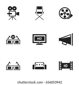 Set Of 9 Editable Filming Icons. Includes Symbols Such As Tape, Chair, Loudspeaker And More. Can Be Used For Web, Mobile, UI And Infographic Design.
