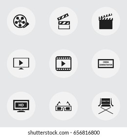 Set Of 9 Editable Filming Icons. Includes Symbols Such As Start Video, Clapper, Tape And More. Can Be Used For Web, Mobile, UI And Infographic Design.