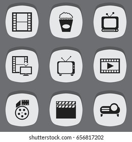 Set Of 9 Editable Filming Icons. Includes Symbols Such As Video, Presentation, Cinema Snack And More. Can Be Used For Web, Mobile, UI And Infographic Design.