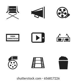 Set Of 9 Editable Filming Icons. Includes Symbols Such As Tape, Shooting Seat, 3D Vision And More. Can Be Used For Web, Mobile, UI And Infographic Design.