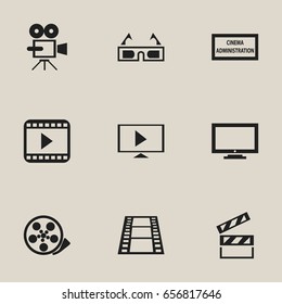 Set Of 9 Editable Filming Icons. Includes Symbols Such As Theater Agency, Monitor, 3D Vision And More. Can Be Used For Web, Mobile, UI And Infographic Design.