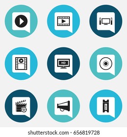 Set Of 9 Editable Filming Icons. Includes Symbols Such As Video, Hd Screen, Coupon And More. Can Be Used For Web, Mobile, UI And Infographic Design.