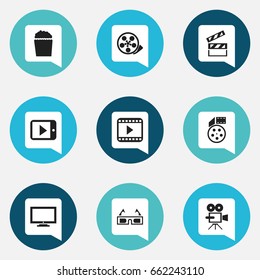 Set Of 9 Editable Filming Icons. Includes Symbols Such As 3D Vision, Cinema Snack, Tape And More. Can Be Used For Web, Mobile, UI And Infographic Design.