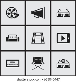 Set Of 9 Editable Filming Icons. Includes Symbols Such As Camera Strip, Tablet Play, Shooting Seat And More. Can Be Used For Web, Mobile, UI And Infographic Design.