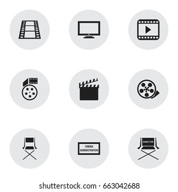 Set Of 9 Editable Filming Icons. Includes Symbols Such As Camera Strip, Monitor, Chair And More. Can Be Used For Web, Mobile, UI And Infographic Design.