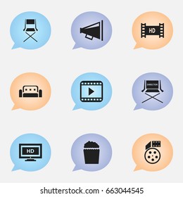 Set Of 9 Editable Filming Icons. Includes Symbols Such As Couch, Reel, Cinema Snack And More. Can Be Used For Web, Mobile, UI And Infographic Design.