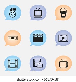 Set Of 9 Editable Filming Icons. Includes Symbols Such As Cinema Snack, Episode, Television And More. Can Be Used For Web, Mobile, UI And Infographic Design.
