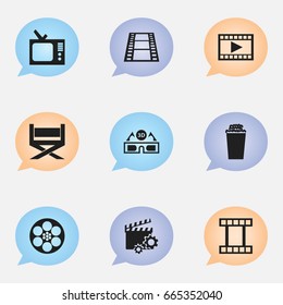 Set Of 9 Editable Filming Icons. Includes Symbols Such As Camera Strip, Film Glasses, Reel And More. Can Be Used For Web, Mobile, UI And Infographic Design.