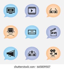 Set Of 9 Editable Filming Icons. Includes Symbols Such As Hd Screen, Loudspeaker, Movie Player And More. Can Be Used For Web, Mobile, UI And Infographic Design.