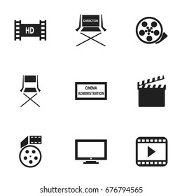 Set Of 9 Editable Filming Icons. Includes Symbols Such As Reel, Movie Player, Chair And More. Can Be Used For Web, Mobile, UI And Infographic Design.