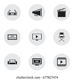 Set Of 9 Editable Filming Icons. Includes Symbols Such As Loudspeaker, Couch, Chair And More. Can Be Used For Web, Mobile, UI And Infographic Design.