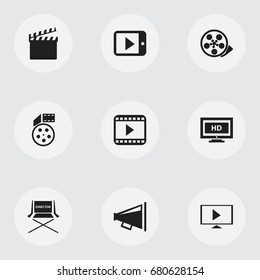 Set Of 9 Editable Filming Icons. Includes Symbols Such As Loudspeaker, Shooting Seat, Tape And More. Can Be Used For Web, Mobile, UI And Infographic Design.