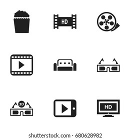 Set Of 9 Editable Filming Icons. Includes Symbols Such As Movie Player, Tape, 3D Vision And More. Can Be Used For Web, Mobile, UI And Infographic Design.