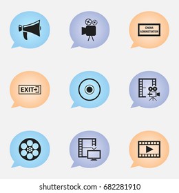 Set Of 9 Editable Filming Icons. Includes Symbols Such As Television, Video, Cinematography And More. Can Be Used For Web, Mobile, UI And Infographic Design.