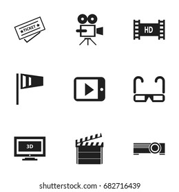 Set Of 9 Editable Filming Icons. Includes Symbols Such As Projector, Film Spectacles, Hd Tape And More. Can Be Used For Web, Mobile, UI And Infographic Design.