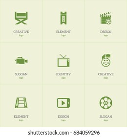 Set Of 9 Editable Filming Icons. Includes Symbols Such As Video Camera, Reel, Camera Strip And More. Can Be Used For Web, Mobile, UI And Infographic Design.