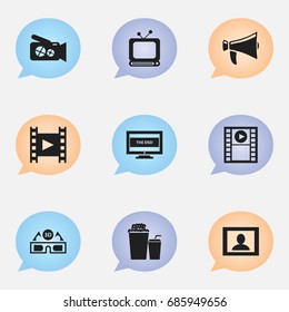 Set Of 9 Editable Filming Icons. Includes Symbols Such As Portable Camera, Play Video, The End And More. Can Be Used For Web, Mobile, UI And Infographic Design.