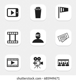 Set Of 9 Editable Filming Icons. Includes Symbols Such As Spectator, Popcorn, Filmstrip And More. Can Be Used For Web, Mobile, UI And Infographic Design.