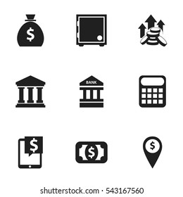 Set Of 9 Editable Finance Icons. Includes Symbols Such As Currency, Bank Location, Computation Machine And More. Can Be Used For Web, Mobile, UI And Infographic Design.