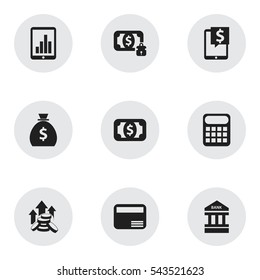 Set Of 9 Editable Finance Icons. Includes Symbols Such As Computation Machine, Holdall, To Deposit Money And More. Can Be Used For Web, Mobile, UI And Infographic Design.