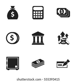 Set Of 9 Editable Finance Icons. Includes Symbols Such As Holdall, Computation Machine, Banknote And More. Can Be Used For Web, Mobile, UI And Infographic Design.