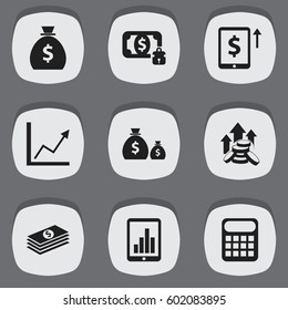 Set Of 9 Editable Finance Icons. Includes Symbols Such As Cash Growth, Holdall, Bar Graph And More. Can Be Used For Web, Mobile, UI And Infographic Design.