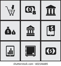 Set Of 9 Editable Finance Icons. Includes Symbols Such As Money-Guard, Bar Graph, Bank Location And More. Can Be Used For Web, Mobile, UI And Infographic Design.