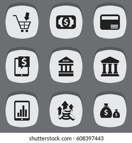 Set Of 9 Editable Finance Icons. Includes Symbols Such As Edifice, Shopping Pushcart, Bar Graph And More. Can Be Used For Web, Mobile, UI And Infographic Design.