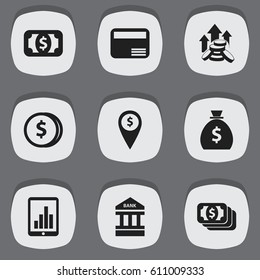 Set Of 9 Editable Finance Icons. Includes Symbols Such As Holdall, Coins Raise, Bar Graph And More. Can Be Used For Web, Mobile, UI And Infographic Design.