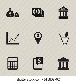 Set Of 9 Editable Finance Icons. Includes Symbols Such As Bucks, Computation Machine, Treasure And More. Can Be Used For Web, Mobile, UI And Infographic Design.