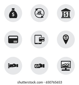 Set Of 9 Editable Finance Icons. Includes Symbols Such As Pinpoint, Bank Building, Internet Sale And More. Can Be Used For Web, Mobile, UI And Infographic Design.