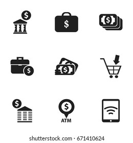 Set Of 9 Editable Finance Icons. Includes Symbols Such As Wireless Connection, Case, Shopping Pushcart And More. Can Be Used For Web, Mobile, UI And Infographic Design.
