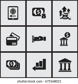 Set Of 9 Editable Finance Icons. Includes Symbols Such As Tax, Court House, Money-Guard And More. Can Be Used For Web, Mobile, UI And Infographic Design.