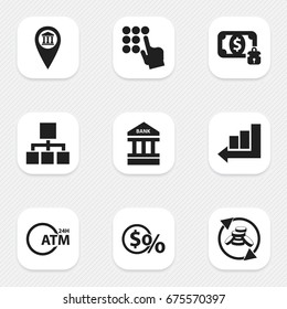 Set Of 9 Editable Finance Icons. Includes Symbols Such As Pinpoint, Greenback, Architecture And More. Can Be Used For Web, Mobile, UI And Infographic Design.