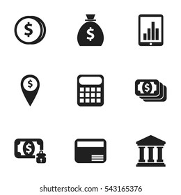 Set Of 9 Editable Financial Icons. Includes Symbols Such As Computation Machine, Money Card, Bucks And More. Can Be Used For Web, Mobile, UI And Infographic Design.