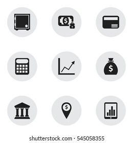 Set Of 9 Editable Financial Icons. Includes Symbols Such As Money-Guard, Crate, Exchange Center And More. Can Be Used For Web, Mobile, UI And Infographic Design.