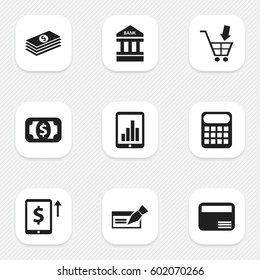 Set Of 9 Editable Financial Icons. Includes Symbols Such As Bar Graph, Money Card, Shopping Pushcart And More. Can Be Used For Web, Mobile, UI And Infographic Design.