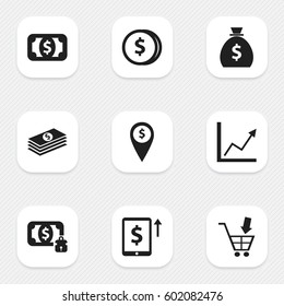 Set Of 9 Editable Financial Icons. Includes Symbols Such As Exchange Center, Cash Growth, Specie And More. Can Be Used For Web, Mobile, UI And Infographic Design.