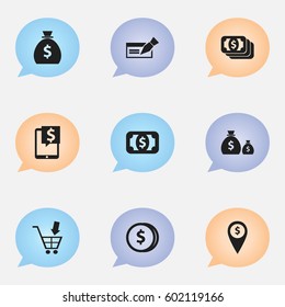 Set Of 9 Editable Financial Icons. Includes Symbols Such As Holdall, Banknote, Specie And More. Can Be Used For Web, Mobile, UI And Infographic Design.
