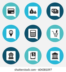Set Of 9 Editable Financial Icons. Includes Symbols Such As Computation Machine, Bank Location, Treasure And More. Can Be Used For Web, Mobile, UI And Infographic Design.