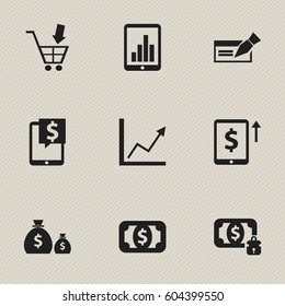 Set Of 9 Editable Financial Icons. Includes Symbols Such As Bank Location, Money-Guard, Treasure And More. Can Be Used For Web, Mobile, UI And Infographic Design.