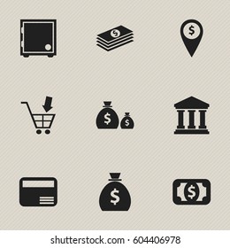 Set Of 9 Editable Financial Icons. Includes Symbols Such As Shopping Pushcart, Salary, Crate And More. Can Be Used For Web, Mobile, UI And Infographic Design.