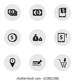 Set Of 9 Editable Financial Icons. Includes Symbols Such As Bucks, Currency, Specie And More. Can Be Used For Web, Mobile, UI And Infographic Design.