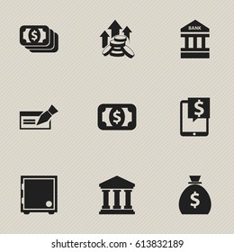 Set Of 9 Editable Financial Icons. Includes Symbols Such As Banknote, Edifice, Coins Raise And More. Can Be Used For Web, Mobile, UI And Infographic Design.